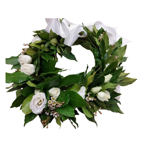 Corona alloro fiori bianchi
